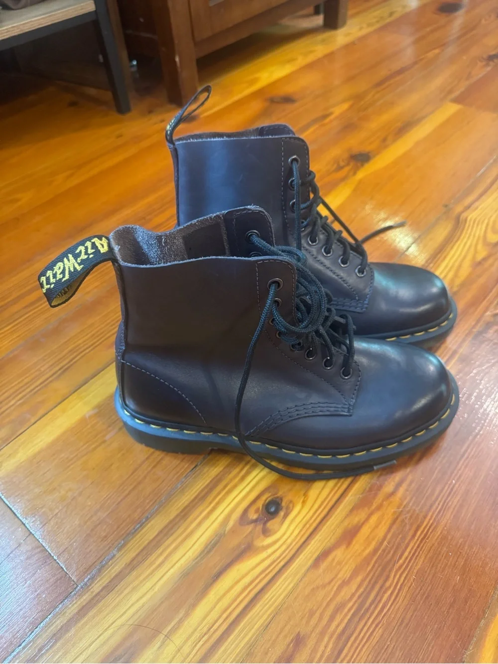 Dr. Martens Black Leather Lace-Up Boots with Yellow Stitching
